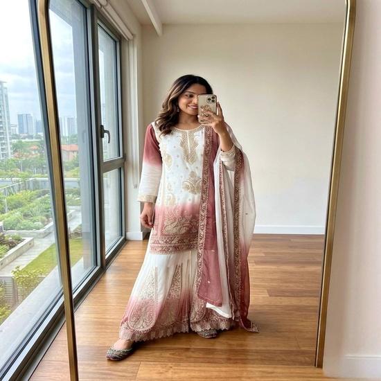 Dual-Tone Gradient Silk Short Kurta Set with Scalloped Sharara