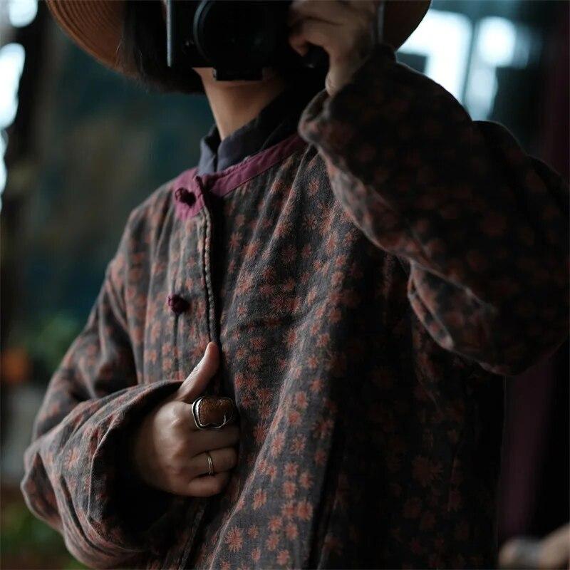 Johnature Женские парки с цветочным принтом и винтажным принтом, парки с круглым вырезом и длинными рукавами, плюс хлопковое мягкое пальто, зимние парки в китайском стиле