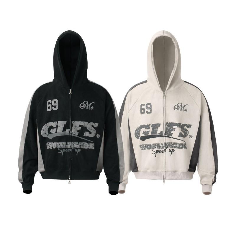 Unisex Oversized Hooded Zip-Up Sweatshirt With Foil Letter Print Vintage American Retro Style