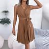 Женское весенне-летнее темпераментное шикарное однотонное платье без рукавов с v-образным вырезом и высокой талией на шнуровке