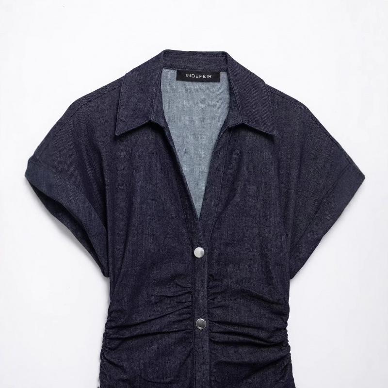 2025 Women's Spring Fashion Lapel Denim Midi Dress - European & American Style, Short-Sleeve