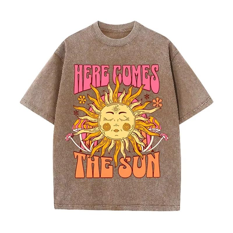 Винтажная черная футболка "Here Comes The Sun" Ретро Психоделическое Солнце Кислотная стирка