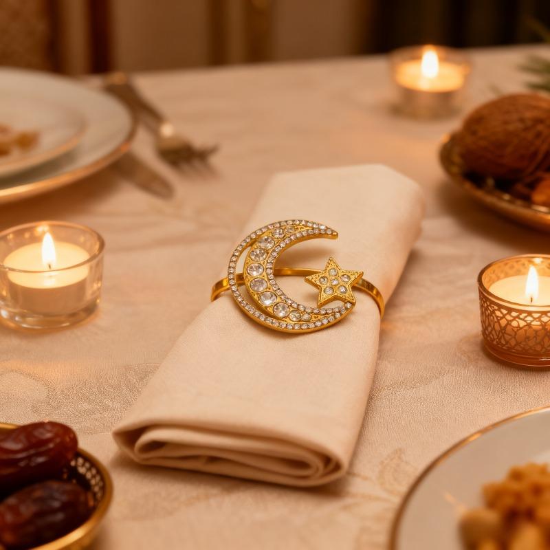Золотые кольца для салфеток Набор Дизайн Звезда Луна СплавКристалл Металл Полый Рамадан Праздник Праздничная Посуда Элегантный Прочный Держатель для салфеток