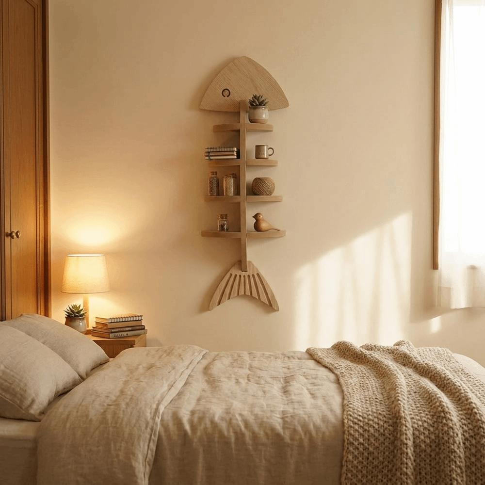 Fish Shaped Fish Bone Shelf Multi-layer Floating Shelf Wooden Wall Mounted Shelf Indoor Organizer