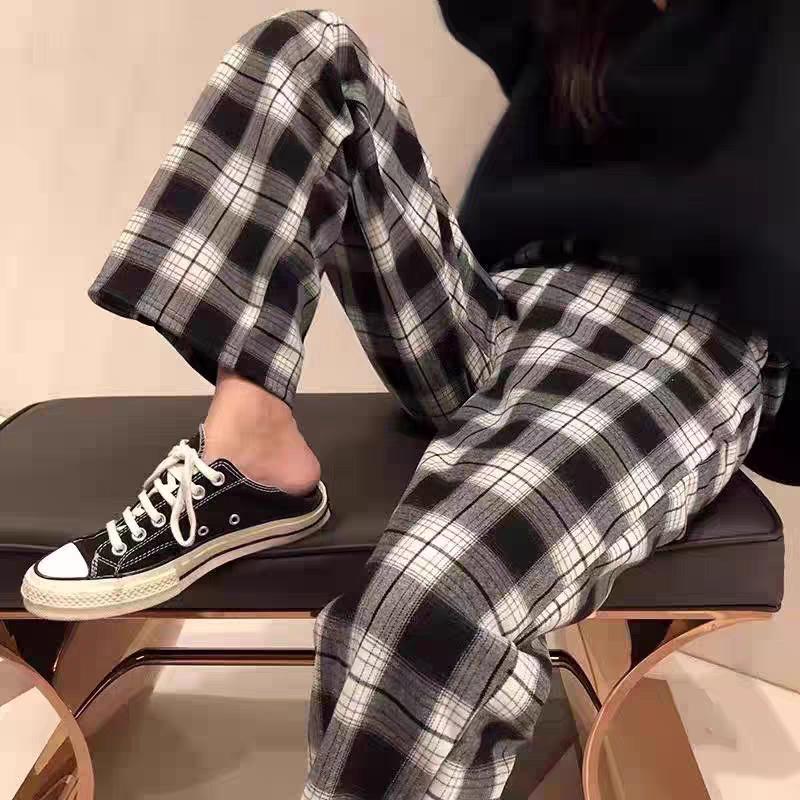 Women's Plaid Pajama Trousers: Comfortable, Loose-Fitting, Thin, Anti-Mosquito, Suitable for Home or Outdoor Wear with Wide Legs.