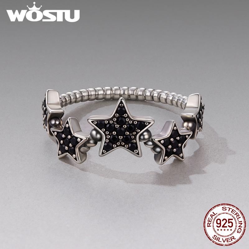 WOSTU Real 925 Sterling Silver Star Black Onyx Band Rings For Women Everyday Wear Full Stone Cool Rings Party Gift for her
