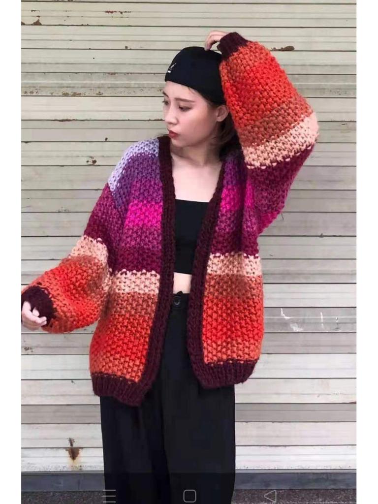 Women's Handmade Chunky Knit Rainbow Stripe Cardigan
