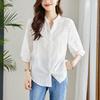 Женская белая рубашка из чистого хлопка с вышивкой, V-образным вырезом и рукавами три четверти - Коллекция Весна/Лето 2025