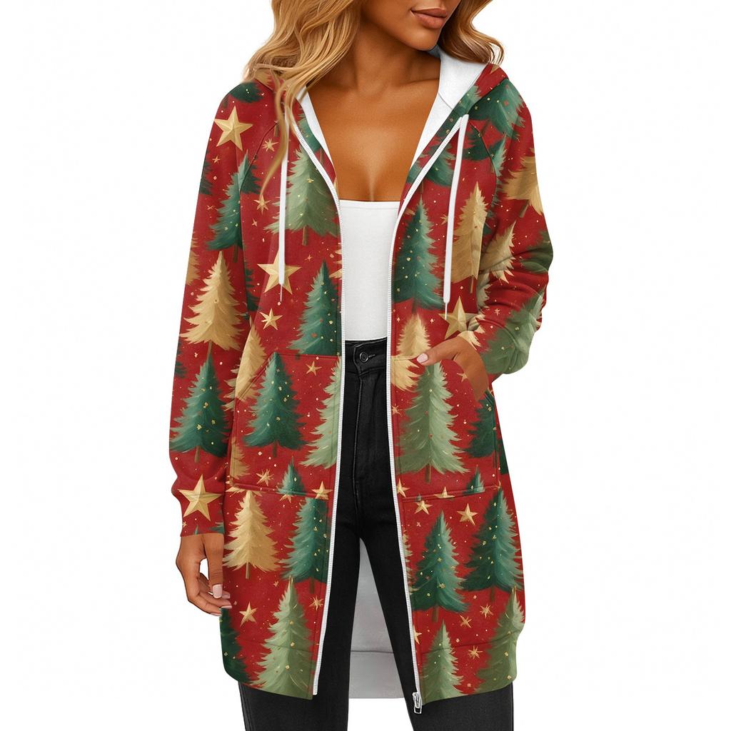 Women's Fashionable Christmas Printed Long Sleeved Drawstring Hooded Zipper Pocket Long Casual Sweatshirt Jacket