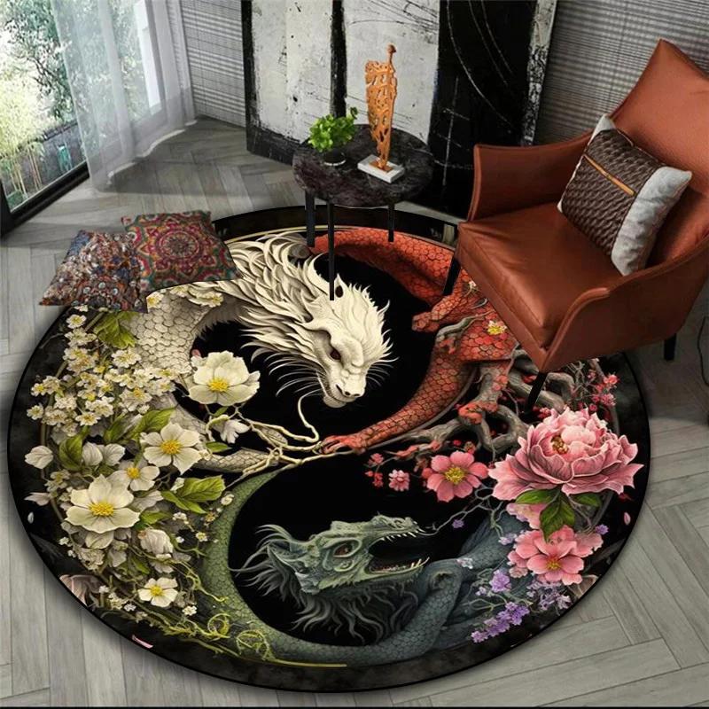 3D printed animal tiger dragon lion tree of life circular carpet computer chair floor mat