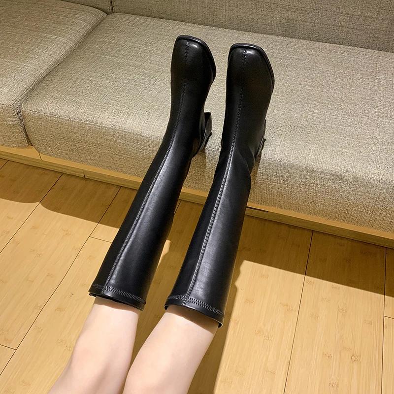 Fashion Winter Woman Knee-High Boots Fashion Comfort Soft Leather Square Low Heel Long Booties 2024 Trend Add Fur Women's Boots