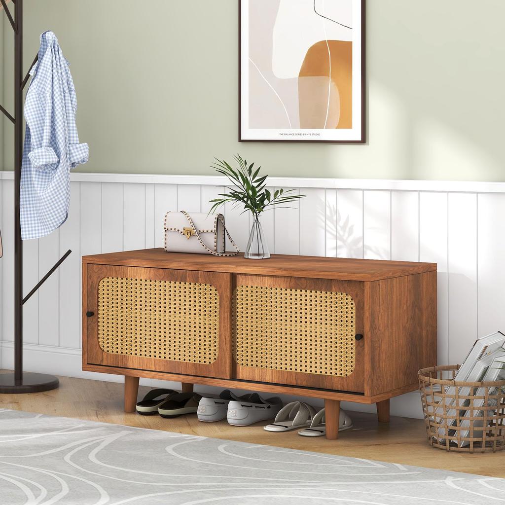 Шкаф для обуви 2 двери, регулируемая полка, полка для обуви, прихожая, коридор, гостиная, спальня, деревянная мебель, стиль кантри, 104 x 40 x 48 см, орех