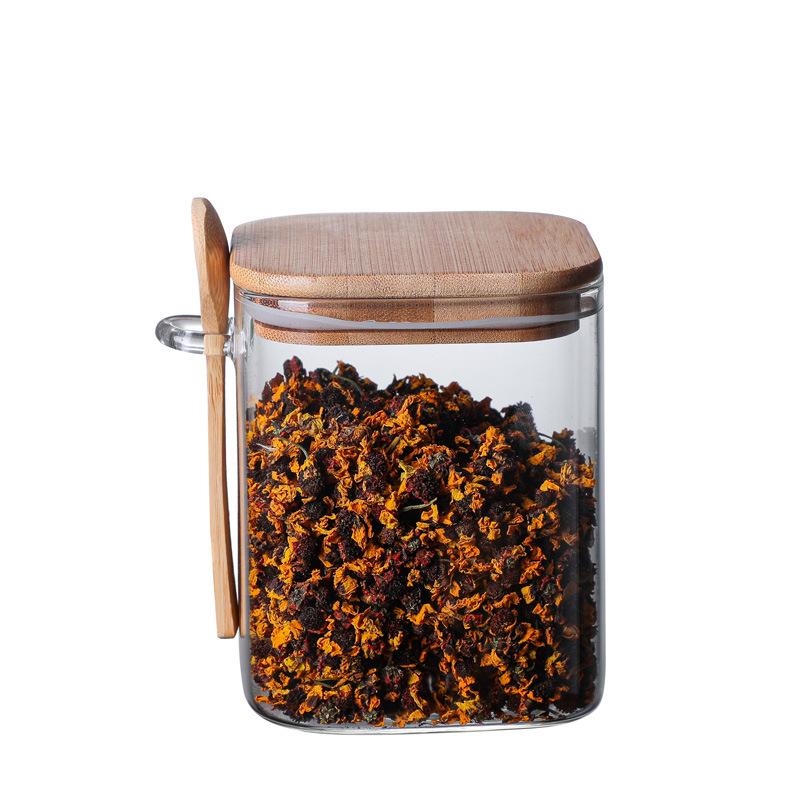Квадратная прозрачная стеклянная герметичная банка с деревянной ложкой, емкость для приправ, емкость для хранения продуктов, емкость для хранения кофейных зерен, банка для чая