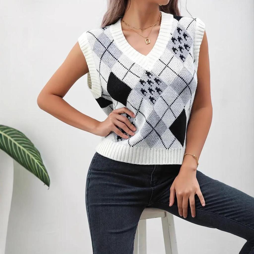 Женский пуловер-жилет с V-образным вырезом и аргайловым узором для осени/зимы