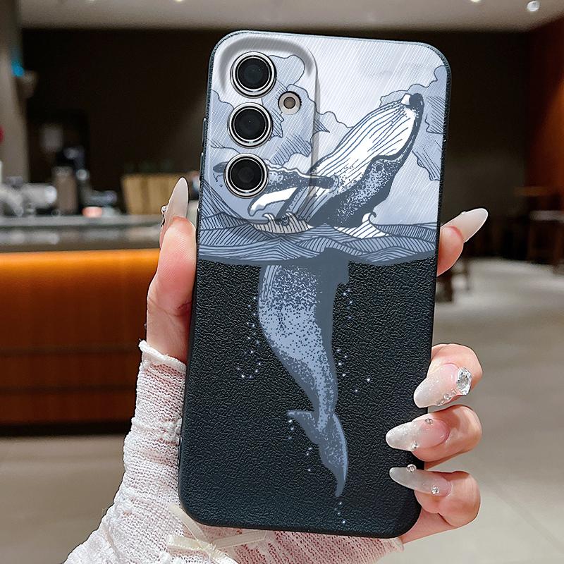 Синий Чехол для Телефона с Рыбой и Китом, Океан, Для Samsung S26 S25 S24 Ultra S23 S22 S21 FE A15 A16 A17 A35 A36 A37 A54 A55 A56 A57 5G, Кожаная Текстура, Мягкая Крышка