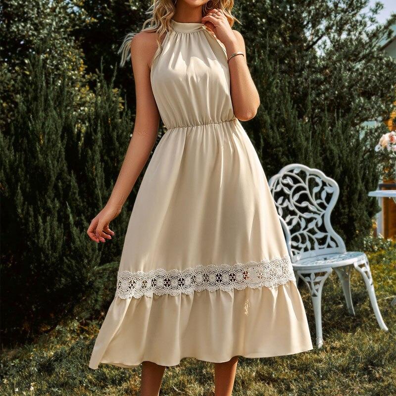 Летнее милое свободное однотонное длинное платье А-силуэта повседневное элегантное женское платье модное платье без рукавов с лямкой через шею в стиле пэчворк с кружевом 25305