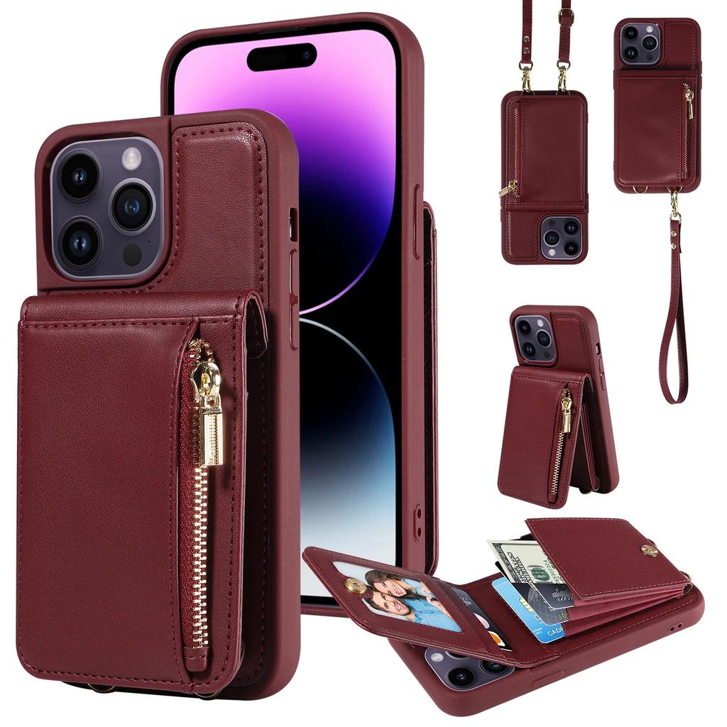 Кошелек на молнии Кроссбоди Ремешок Чехол для телефона для iPhone 16 15 Plus 14 13 12 11 Pro Max XR XS Органайзер Держатель для карт Слоты Кожаный чехол