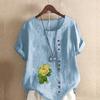 Женская модная футболка с круглым вырезом и коротким рукавом, повседневная хлопковая льняная рубашка с рисунком, летняя блузка с принтом роз, топы больших размеров