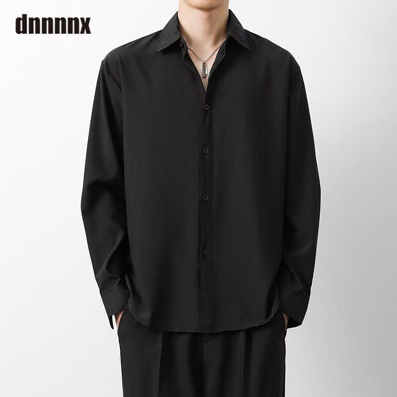 Весенняя Стильная Свободная Однотонная Универсальная Повседневная Рубашка с Длинным Рукавом из Ледяного Шелка для Мужчин Женщин