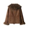 Womens Vintage French Style Faux Suede Jacket Fur Collar Winter Coat Streetwear