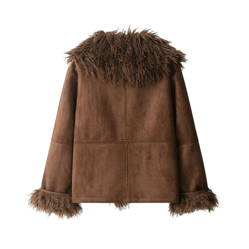 Womens Vintage French Style Faux Suede Jacket Fur Collar Winter Coat Streetwear