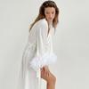 Spring Women's Nightgown Cardigan Feather Satin Robe Loose Long European American Bathrobe Ladies Home Wear