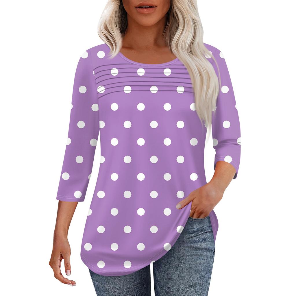Женская мода круглый вырез шея плиссированная передняя планка с принтом рукав 3/4 топ