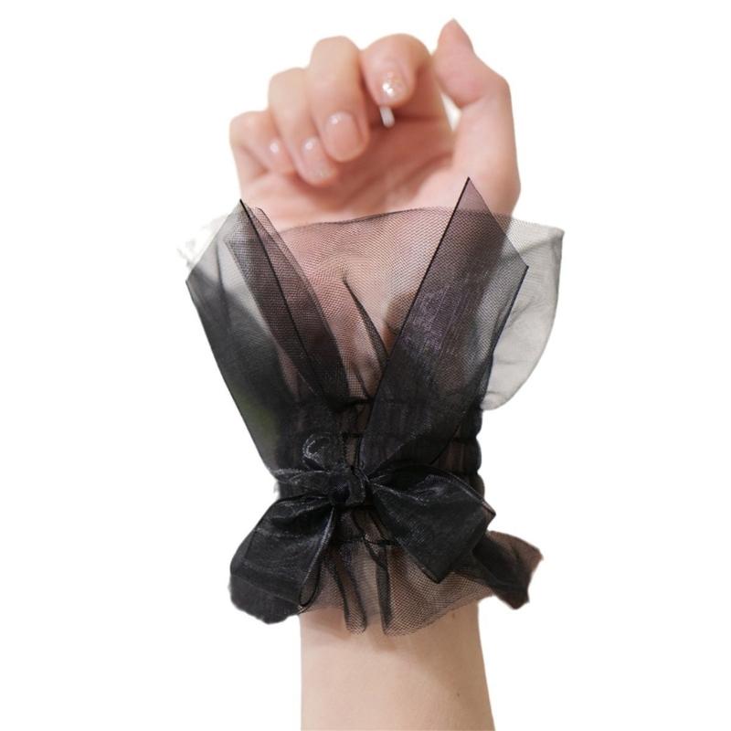 Women Wrist Cuffs Removable Bowknot Ruffled Wedding Supply Bride Dress False Sleeves Tulle Flared Sleeves