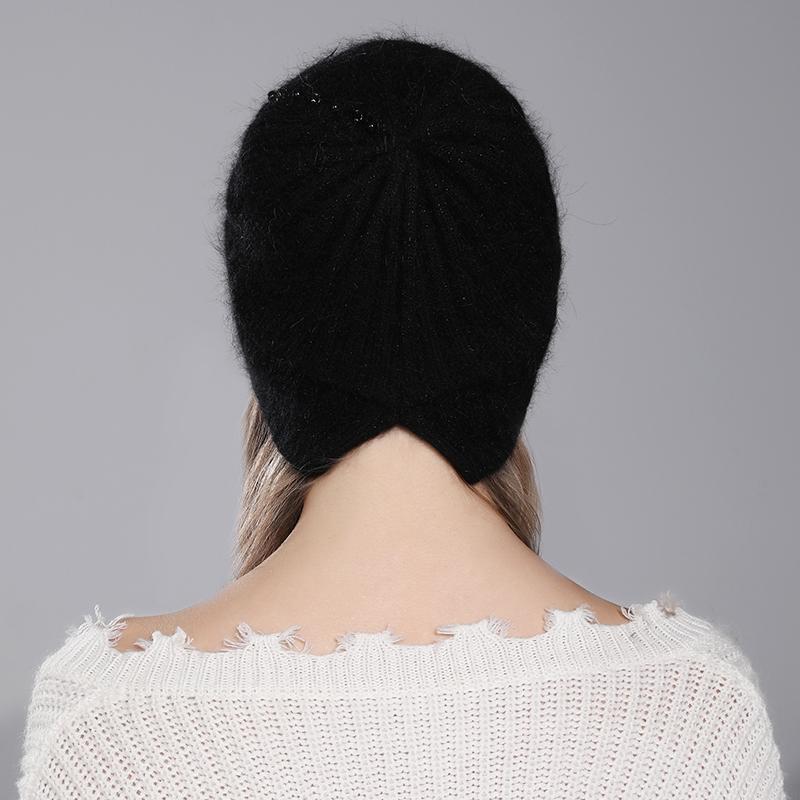 Women Angora Rabbit Fur Hat Winter Knitted Warm Beanies Fashion Luxury Designer Hats For Female With Pearl Diamond Cap