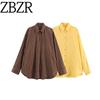 Zbzr Осень Новая женская одежда Западный стиль Мода Полоска Свободный Длинный рукав Рубашки с лацканами 4764105 716