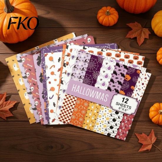 Paper Crafting Halloween Supplies 12 Sheets Scrapbook Set, 6x6in Double-Sided Craft Paper, Pumpkin Fun Set Ghost Bat Pattern Decorative for