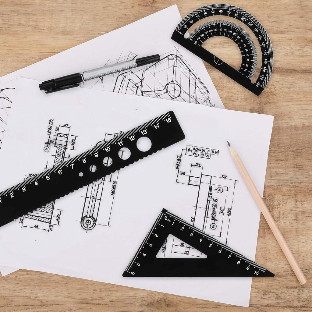 5Pcs Metal Geometry Set, Math Drafting Ruler Kit Aluminum Triangle Rulers Metal Ruler Drafting Tools, Metal Triangular Scale Ruler Set, Protractor,