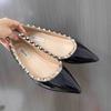 Thick Heel Rivet Nude High Heels Women's 2024 New Pointed Head Shallow Mouth Patent Leather Soft Sole Willow Ding Internet Celebrity Thick Heel Shoes