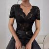 Elegant Fan-shaped V-neck Solid Color Lace Sexy T-shirt Slim Fit Slimming Top Women's Clothing