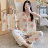 Short-Sleeved Pajamas Three-Piece Korean Version Of Sweet And Cute Cardigan Women'S Loungewear