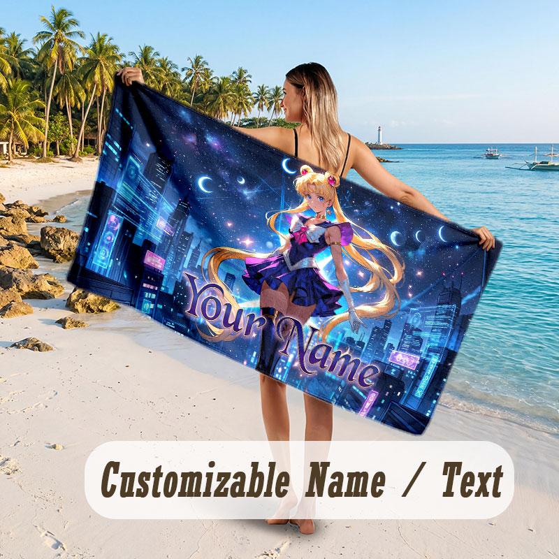 Custom Name Large Beach Towel,Sailor Moon Quick Absorbent Towel For Outdoor Travel Poolside