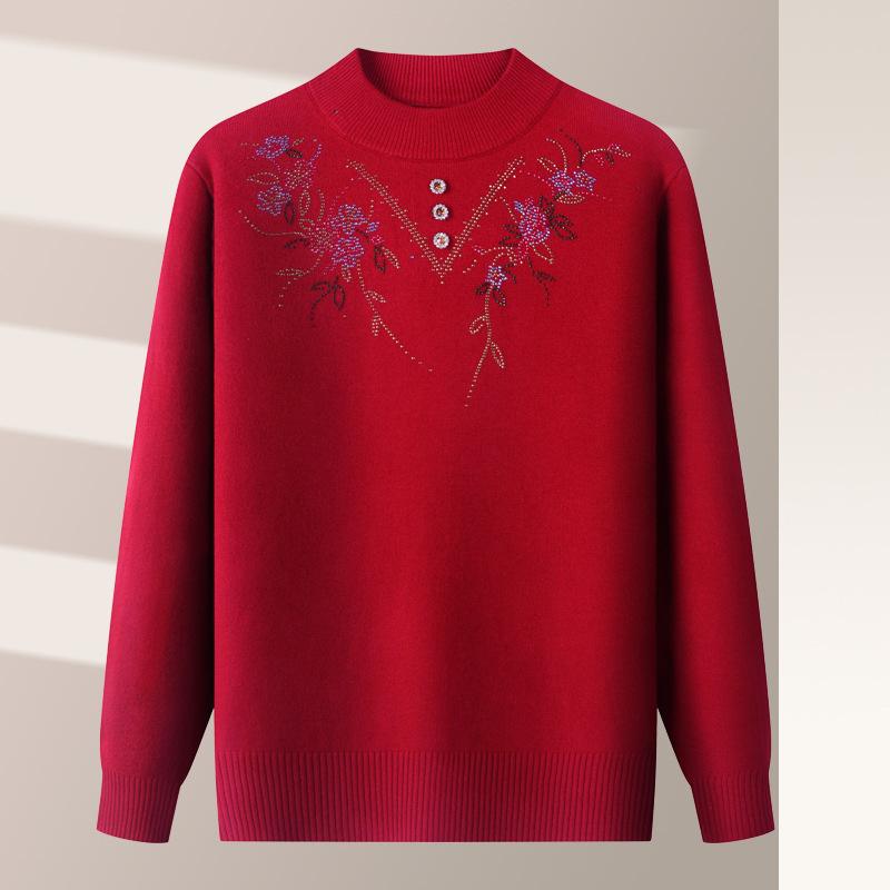 Mother's autumn and winter fleece-lined base shirt, middle-aged and elderly autumn clothing, winter warm sweater, women's top, ladies' knitwear