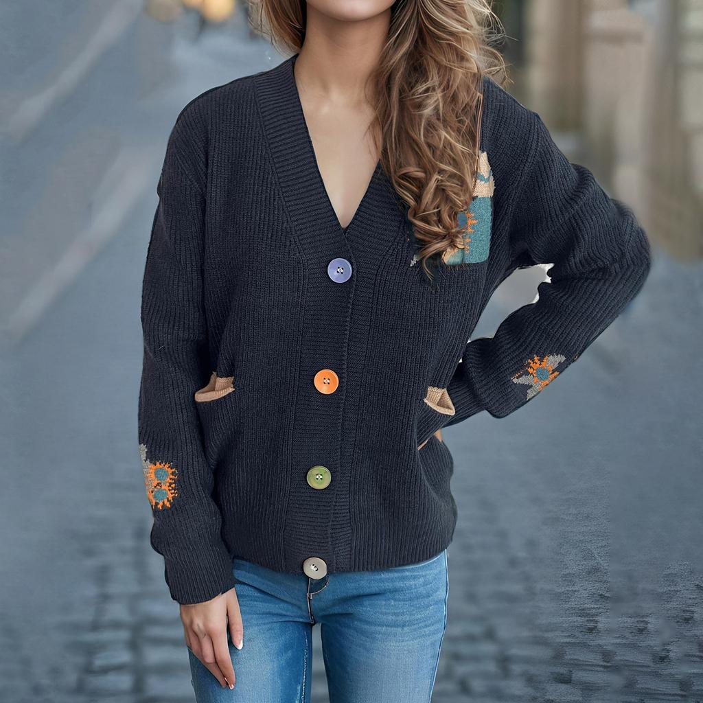 Цветочная вышивка вязаный свитер V-образный вырез контрастного цвета женский свитер повседневное универсальное пальто