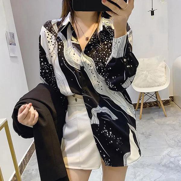 Повседневные топы с длинными рукавами, свободные шифоновые рубашки большого размера, женские весенне-осенние элегантные блузки с лацканами с принтом