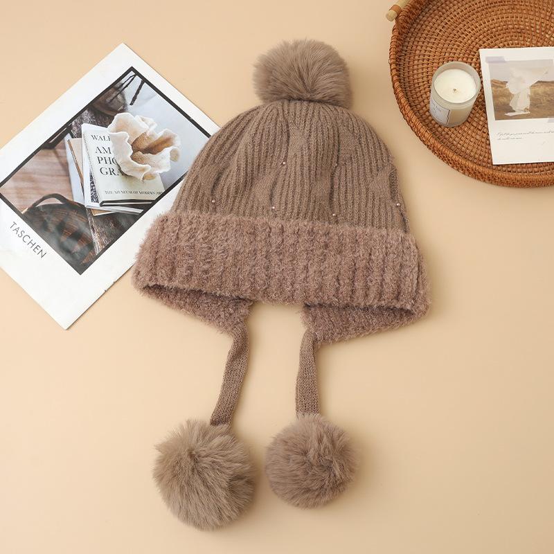Осенне-зимняя шапка женская милая с помпоном, плюшевая из кроличьего пуха, теплая, модная, с защитой ушей, шерстяная шапка