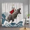 Funny Cat Shower Curtain Cute Cool Kitty Riding Whale Cartoon Animal Ocean Wave Children Bathroom Curtain Waterproof With Hooks