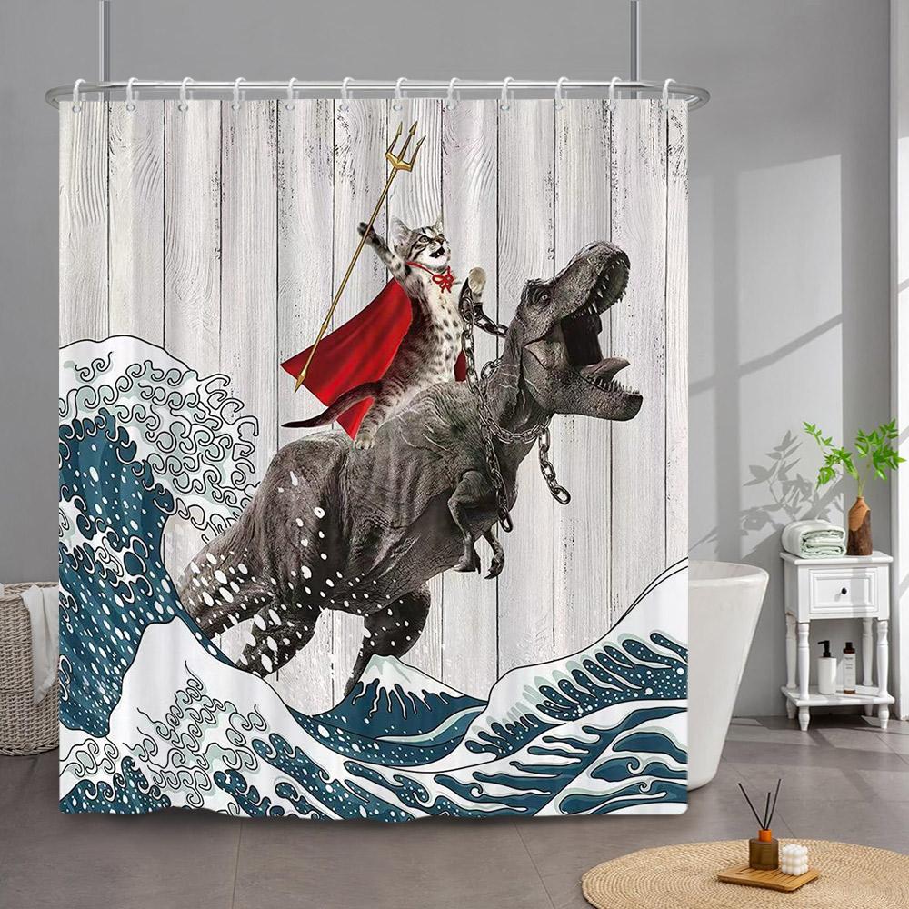 Funny Cat Shower Curtain Cute Cool Kitty Riding Whale Cartoon Animal Ocean Wave Children Bathroom Curtain Waterproof With Hooks