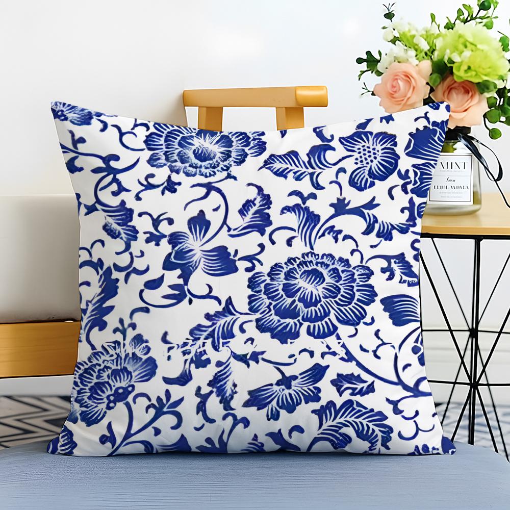 Blue and White Porcelain Cushion Cover Washable Linen Pillowcase Soft  for Sofa Bed Cozy Home Room Decor