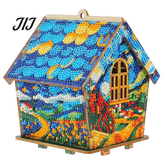 Handmade Desktop Crafts 3D Christmas House Rhinestone Painting Kit, DIY Wooden Sunflower Hut Craft Set Cabin, Handicraft Arts Ornament for Decoration