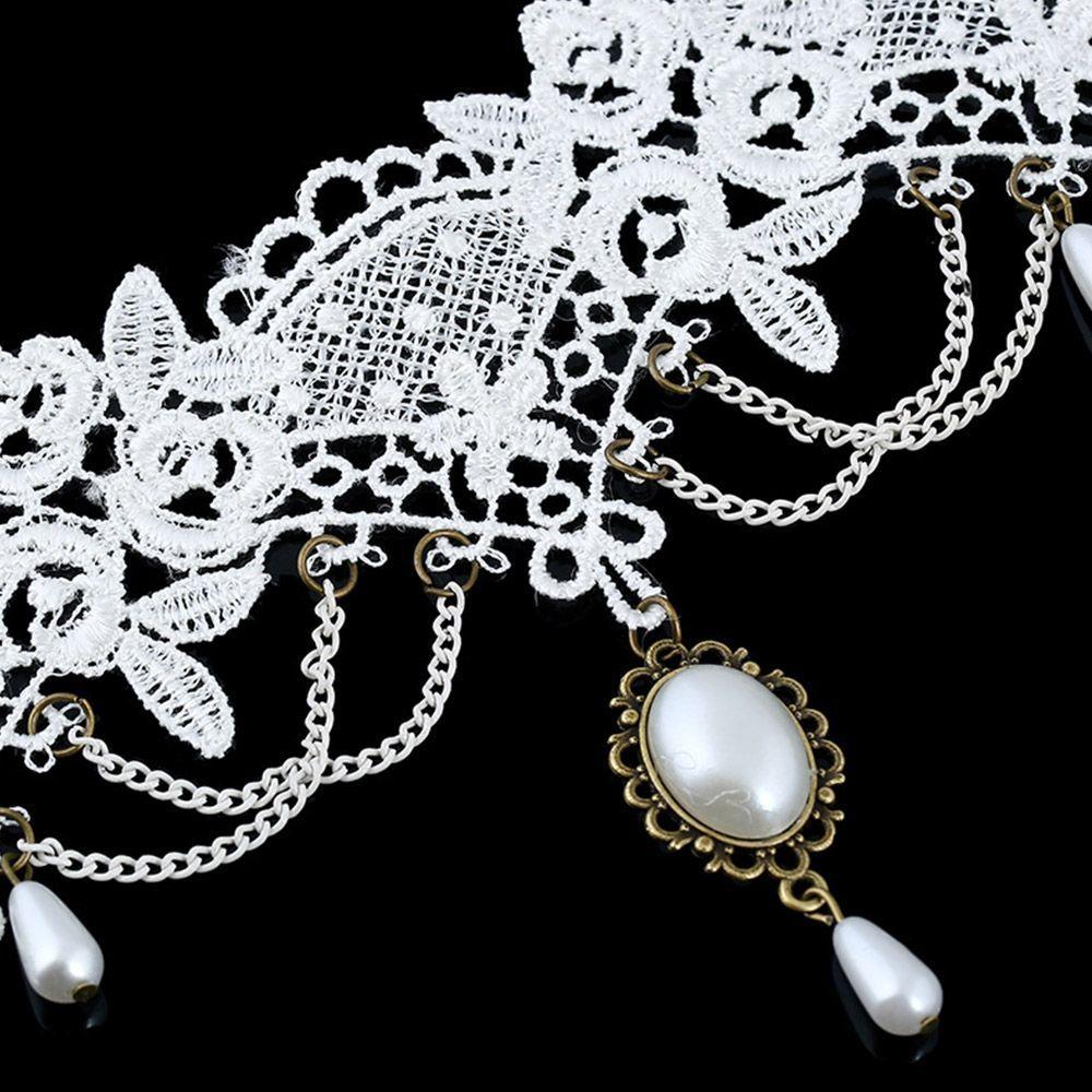 Vintage Punk Tassel Imitation Pearl White Choker Women Jewelry Bridal Lace Necklace