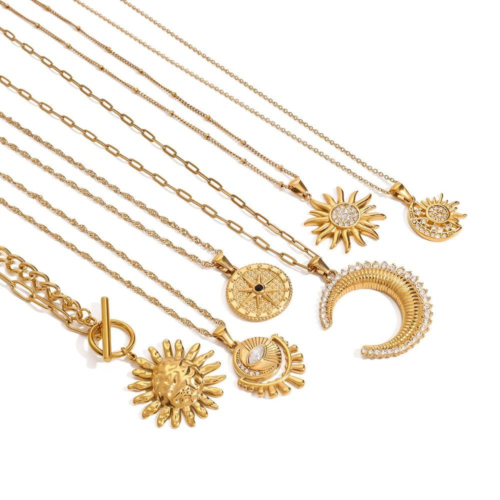 Gold Color Gold Plated Clavicle Chain Stainless Steel Round Charm Pendant Choker Birthday