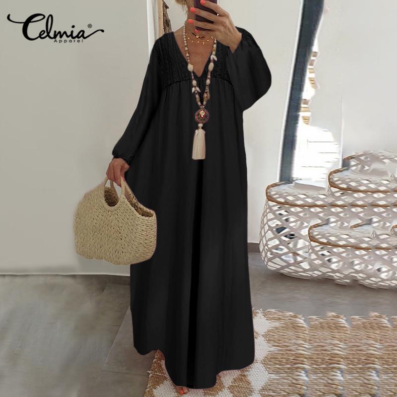 Celmia Весенняя женская мода Длинные макси с оборками праздничное платье с v-образным вырезом и рукавами-фонариками из хлопка и кружева однотонные тонкие платья повседневные свободные большие размеры