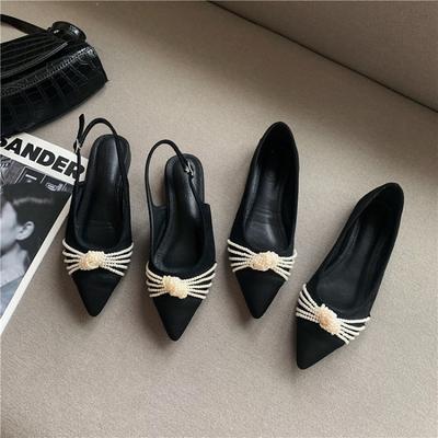 Весенне-летние одинарные туфли замшевые жемчужный бант низкий каблук острый носок мелкий вырез плоская подошва женская обувь черные