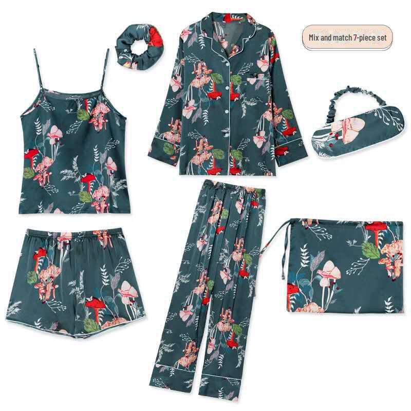 "Korean Striped Women's Seven-Piece Pajama Set for All Seasons"
