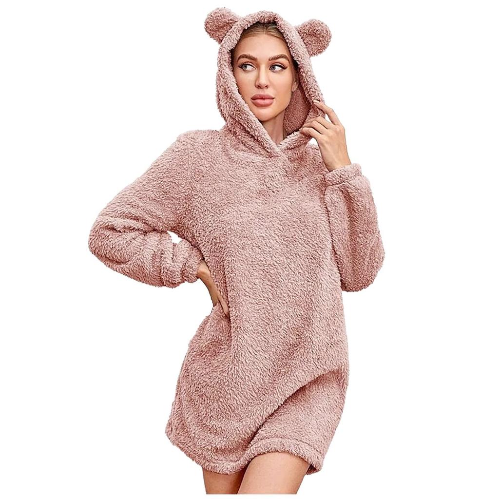 Women's Plush Hooded Casual Cute Bear Ears Pajama Dress